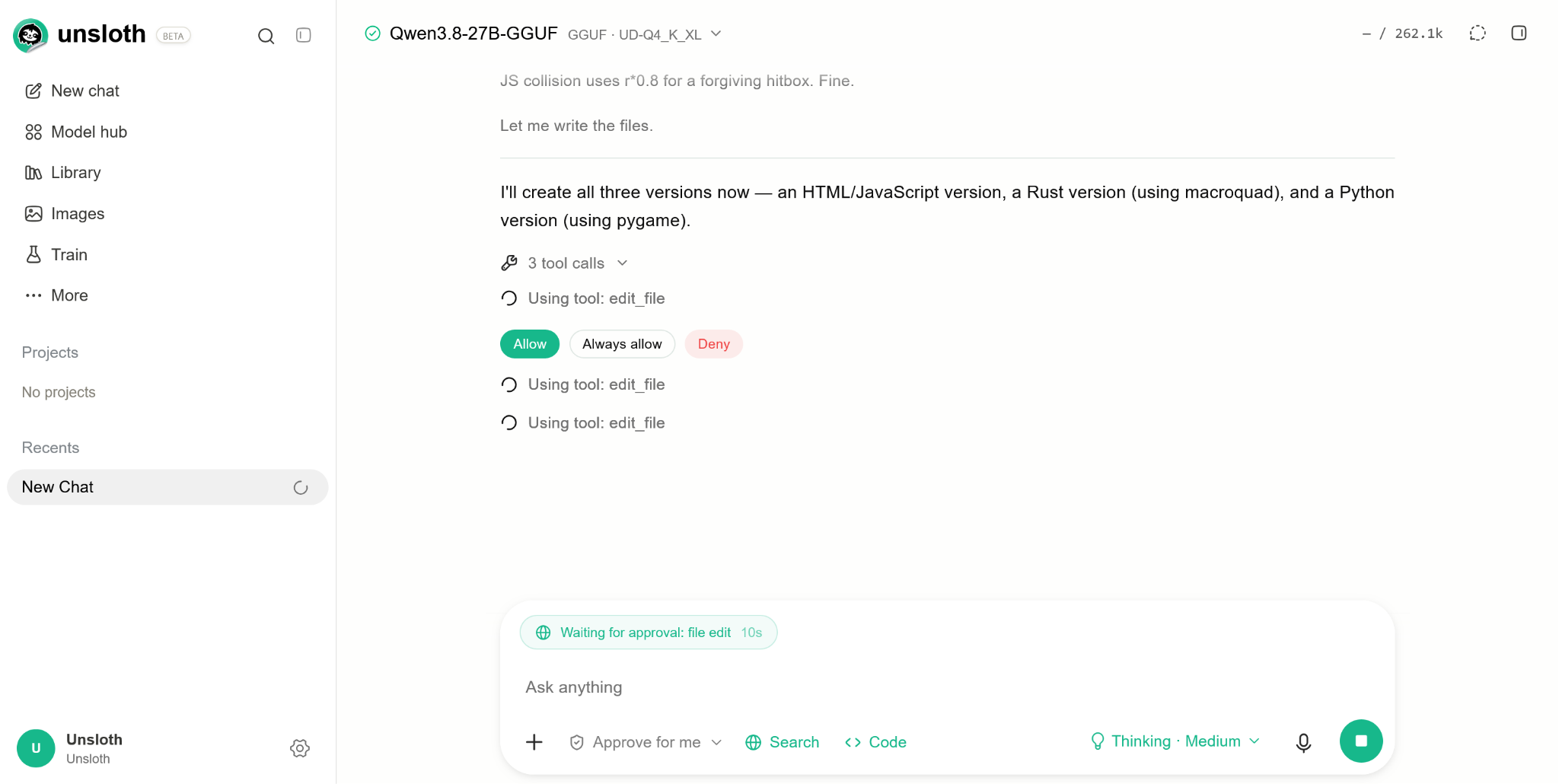 File-edit tool call waiting for approval with Allow, Always allow, and Deny controls