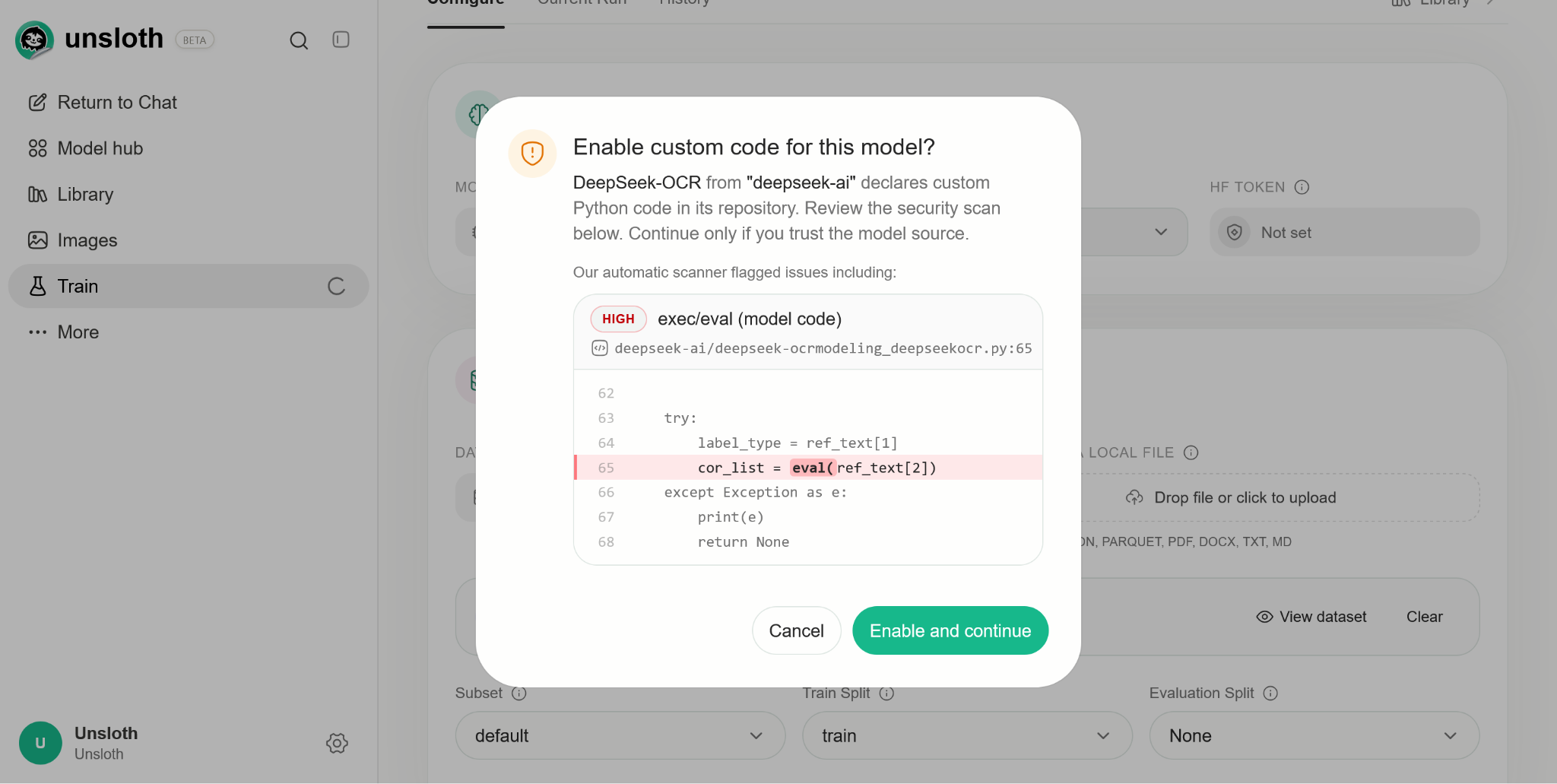 DeepSeek-OCR custom-code approval dialog with a high-severity exec/eval scanner flag