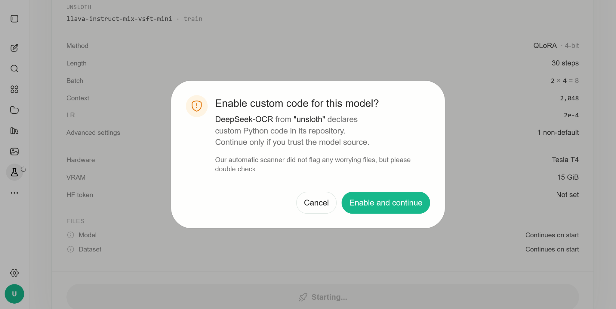 Unsloth DeepSeek-OCR custom-code approval dialog with no worrying files flagged