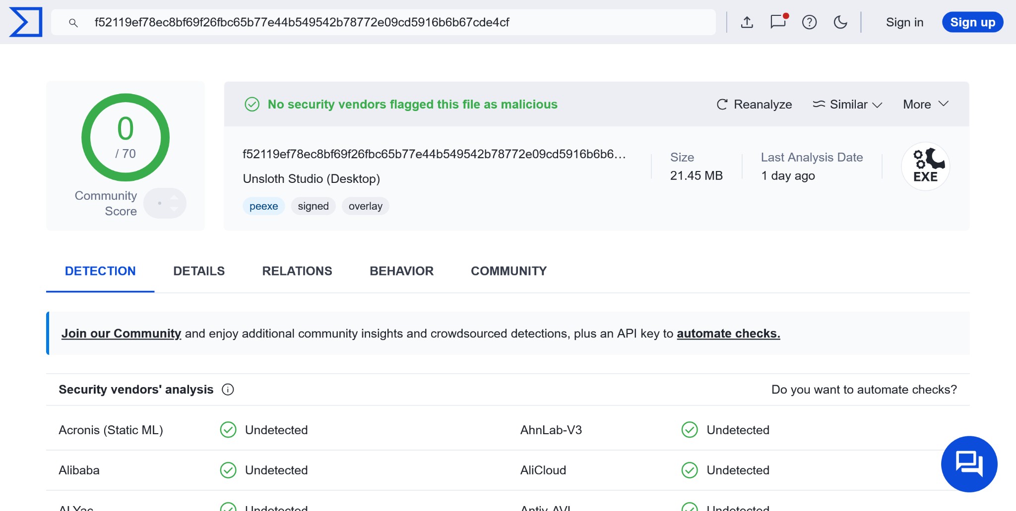VirusTotal scan result for Unsloth Studio Desktop showing zero detections out of 70 vendors