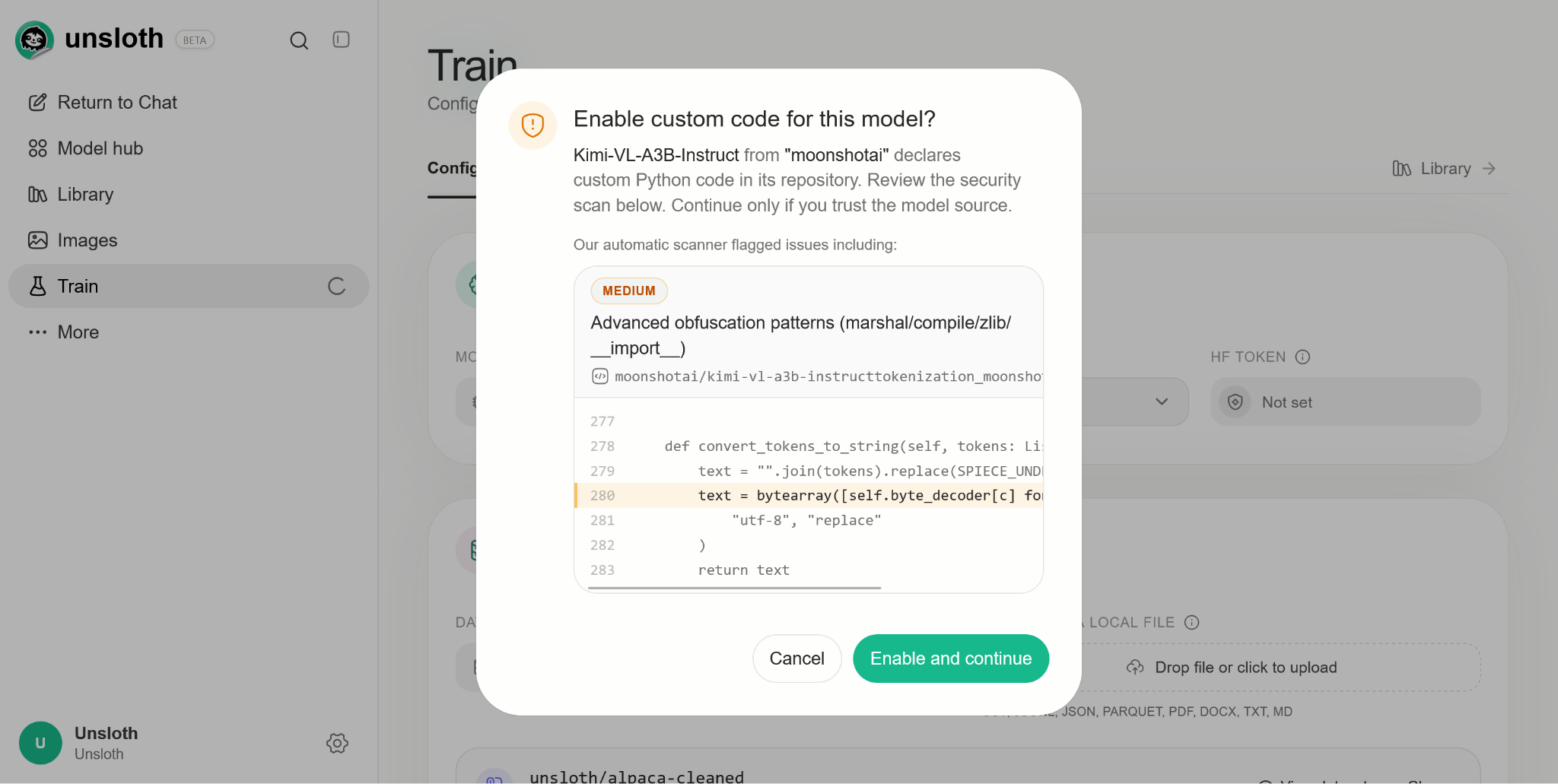 Kimi-VL-A3B-Instruct custom-code approval dialog with a scanner flag
