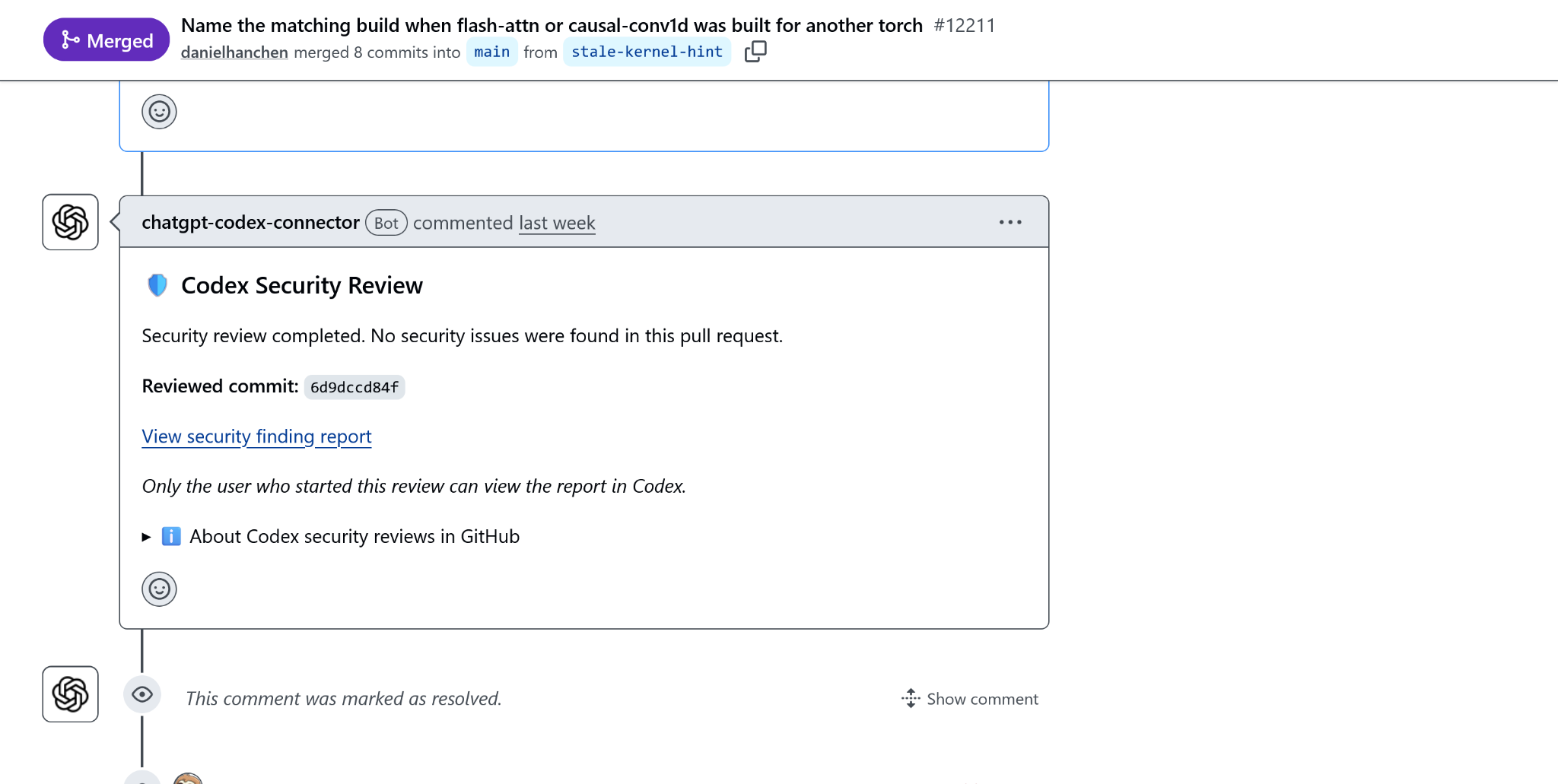 Codex Security review on a merged GitHub pull request
