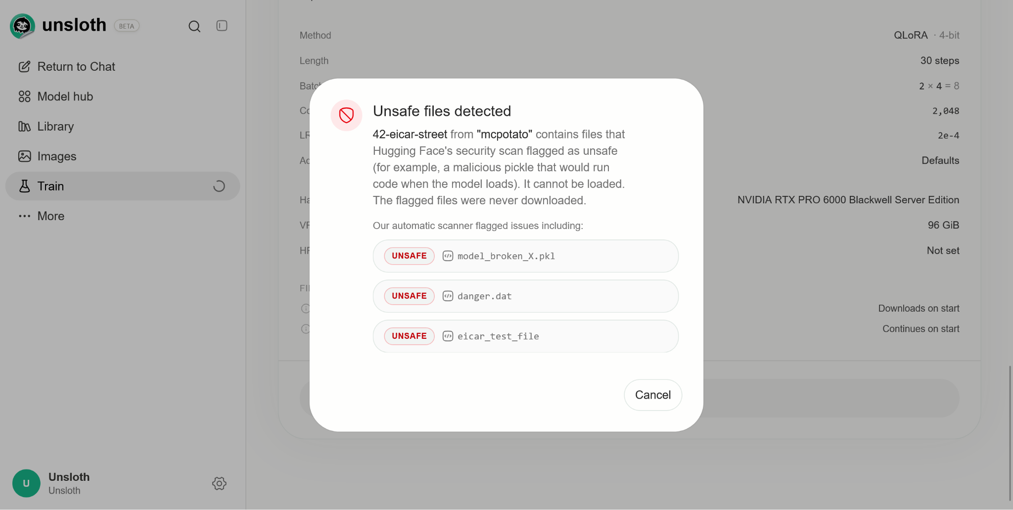 Unsafe-files dialog blocking mcpotato/42-eicar-street and listing flagged files