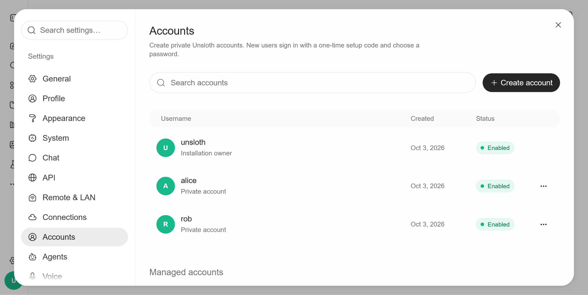 Accounts settings showing an installation owner and separate private accounts